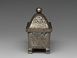 Incense burner with peacock and peony, Iron damascened with silver, China