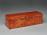 Sutra box with dragons amid clouds, Red lacquer with incised decoration inlaid with gold; damascened brass lock and key, China