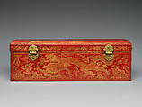Sutra box with dragons amid clouds, Red lacquer, incised decoration, gold inlay, damascened brass lock and key, China