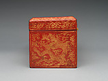 Sutra box with dragons amid clouds, Red lacquer, incised decoration, gold inlay, damascened brass lock and key, China