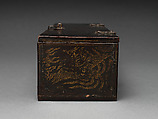 Black lacquer box with phoenix designs, Lacquer with gold paint and metal fittings, Korea