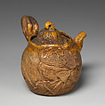Teapot, Pottery moulded, partly covered with glaze, Japan