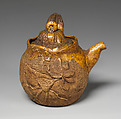 Teapot, Pottery moulded, partly covered with glaze, Japan