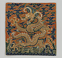 Rank badge with ox-horn dragon (douniu), Silk and gold thread embroidery on silk gauze, China