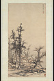 Small dwelling in a dense grove of trees, Chen Mei (Chinese, c. 1694–c. 1745), Hanging scroll; ink and color on paper, China