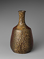 Sake bottle, Stoneware with iron slip glaze and green drip glaze (Tanba ware), Japan