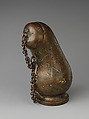 Pouch-shaped vessel, Copper alloy, gold and silver inlay, China