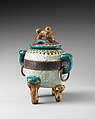 Incense Burner, Pottery covered with crackled glaze, enriched with cloisonné; bronze rings at sides (Kyoto ware), Japan