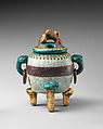 Incense Burner, Pottery covered with crackled glaze, enriched with cloisonné; bronze rings at sides (Kyoto ware), Japan