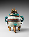 Incense Burner, Pottery covered with crackled glaze, enriched with cloisonné; bronze rings at sides (Kyoto ware), Japan