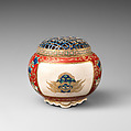 Incense Burner, Pottery covered with crackled glaze and designs in enamels and gold; reticulated cover, also enameled (Satsuma ware), Japan