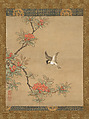 Titmouse with Pomegranate Flowers, Kano Yukinobu 狩野之信 (Japanese, ca. 1513–1575), Hanging scroll; ink and color on paper, Japan