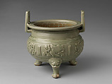 Tripod incense burner with archaistic patterns, Stoneware with molded decoration under celadon glaze (Yaozhou ware), China