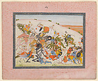 Devi vanquishes the demon Nisumbha and his armies; folio from a Devi Mahatmya series., Opaque pigments with gold on paper, with gilt-decorated blue margin and pink speckled border, India, Guler, Himachal Pradesh