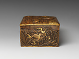 Covered box with three animals crossing a river, Lu Weiliang (Chinese, active 17th century), Copper alloy, parcel gilding, China
