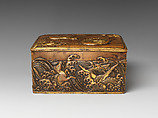 Covered box with three animals crossing a river, Lu Weiliang (Chinese, active 17th century), Copper alloy, parcel gilding, China