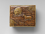 Covered box with three animals crossing a river, Lu Weiliang (Chinese, active 17th century), Copper alloy, parcel gilding, China