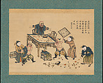 Manchus Quarrel During a Chess Game, Hanging scroll; woodblock print; ink on paper with additional hand coloring, China