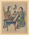 Two Ladies Playing Music, Woodblock print; ink on paper with additional hand coloring, China, Suzhou