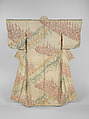 Robe (Kosode) with Bamboo and Plum, Figured satin-weave silk (rinzu) with paste-resist dyeing (yūzen) and couched gold thread, Japan