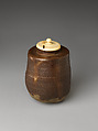 Eggplant-shaped Tea Caddy (Chaire), named Shira Tsuyu (White Dew), Shinbei (Japanese), Stoneware with iron glaze and an ivory lid, Japan