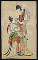 Ladies with Peony Flowers, Woodblock print; ink on paper with additional hand coloring, China, Suzhou