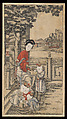 Woman teaching children to read and write calligraphy, from four-print set “Women teaching children the four accomplishments”, Woodblock print; ink on paper with additional hand coloring, China, Suzhou