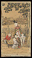 Woman teaching children to play chess, from four-print set “Women teaching children the four accomplishments” 
, Woodblock print; ink on paper with additional hand coloring, China, Suzhou