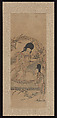 Lady Holding a Brush, Woodblock print; ink on paper with additional hand coloring, China, Suzhou