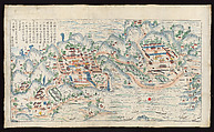 View of Putuoshan on the Southern Sea, Woodblock print; ink on paper with additional hand coloring, China