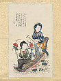 Two Beauties Gather Lotus, Hanging scroll; woodblock print; ink on paper with additional hand coloring, China
