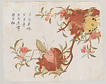 Grasshopper on Pomegranate, Polychrome woodblock print; ink and color on paper, China