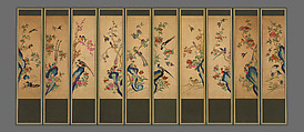 Birds and Flowers, Ten-panel folding screen, silk embroidery, Korea