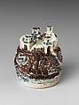 Water dropper in the shape of a mountain citadel, Porcelain painted in underglaze cobalt and copper red, Korea