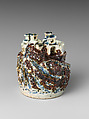 Water dropper in the shape of a mountain citadel, Porcelain painted in underglaze cobalt and copper red, Korea