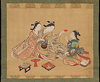 Three Girls Having Tea, Nishikawa Sukenobu  Japanese, Hanging scroll; ink and color on silk, Japan