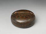 Round Wooden Incense Container (Kōgō) with Sen no Rikyū’s Signature, Wood, iron, and silver clamps; lacquer, Japan
