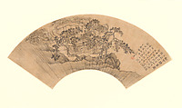 Cottage Beneath the Pines, Zheng Zhong  Chinese, Folding fan mounted as an album leaf, ink on gold paper, China