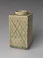 Rectangular Vase with Raised Netting Pattern, Stoneware with copper-green glaze (Mino ware, Oribe type), Japan