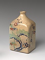 Sake Bottle (Tokkuri) with “Three Friends of Winter” (Pine, Bamboo, and Plum), Stoneware with polychrome overglaze enamels (Kyoto ware, Kiyomizu type), Japan