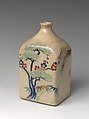 Sake Bottle (Tokkuri) with “Three Friends of Winter” (Pine, Bamboo, and Plum), Stoneware with polychrome overglaze enamels (Kyoto ware, Kiyomizu type), Japan