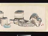 Pots, Rocks and Plants, Guo Zongyi (Chinese, 1875–1908), Handscroll; ink and color on paper, China