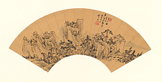 Visiting a friend at his mountain retreat, Yao Wenxie Chinese, Fan mounted as an album leaf; ink and color on gold paper, China