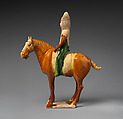 Horse and female rider, Earthenware with three-color (sancai) glaze and pigment, China