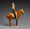 Horse and female rider, Earthenware with three-color (sancai) glaze and pigment, China