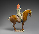 Horse and rider, Earthenware with three-color (sancai) glaze and pigment, China