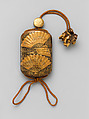 Case (Inrō) with Design of Fans, Gold and silver maki-e with black lacquer 
Ojime: lacquer bead 
Netsuke: ivory figures, Japan