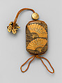 Case (Inrō) with Design of Fans, Gold and silver maki-e with black lacquer 
Ojime: lacquer bead 
Netsuke: ivory figures, Japan