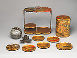 Portable Picnic Set (sagejū) with Peonies, Lacquered wood with gold, silver, red togidashimaki-e, hiramaki-e on black and nashiji lacquer ground, Japan