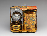 Portable Picnic Set (sagejū) with Peonies, Lacquered wood with gold, silver, red togidashimaki-e, hiramaki-e on black and nashiji lacquer ground, Japan